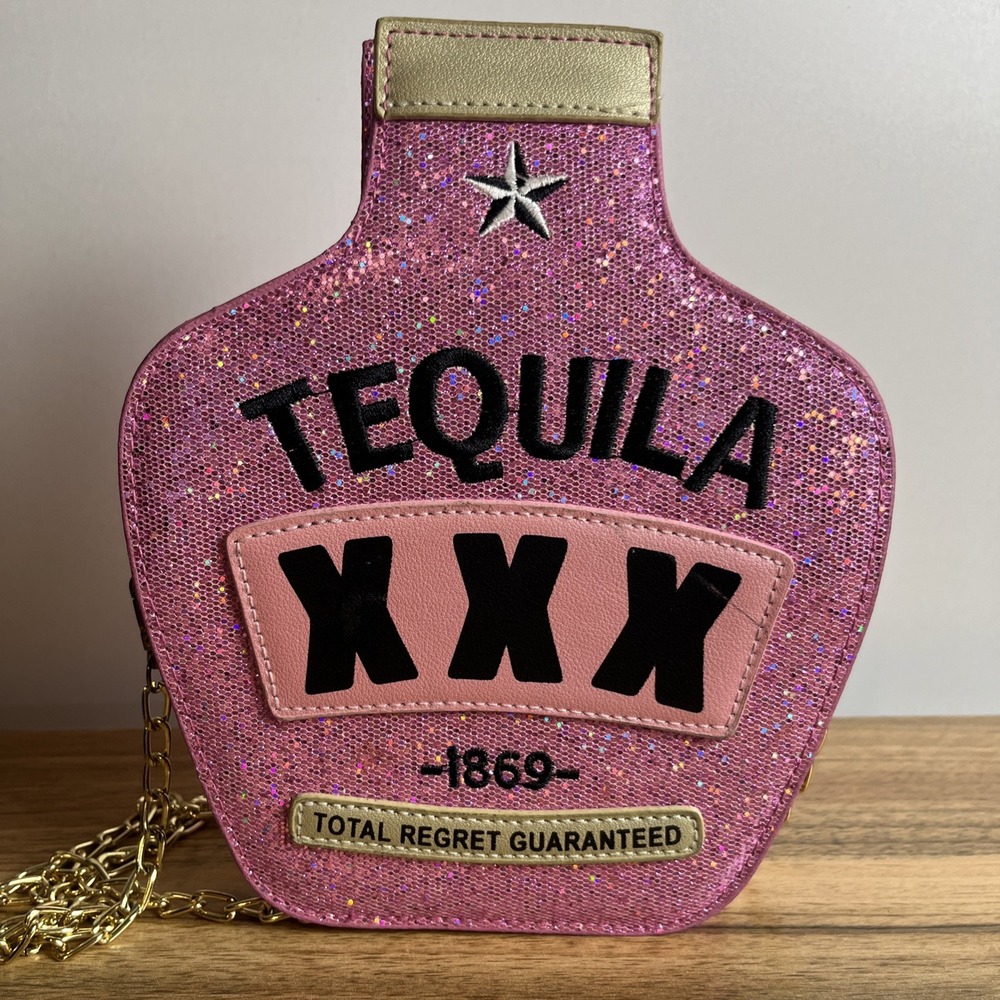 Tequila Bottle Shaped Unbranded Handbag Hot Pink with Gold Chain Crossbody Strap